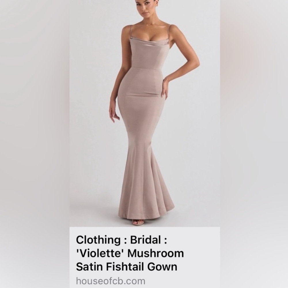 House of CB Violette Mushroom Satin Fishtail Gown